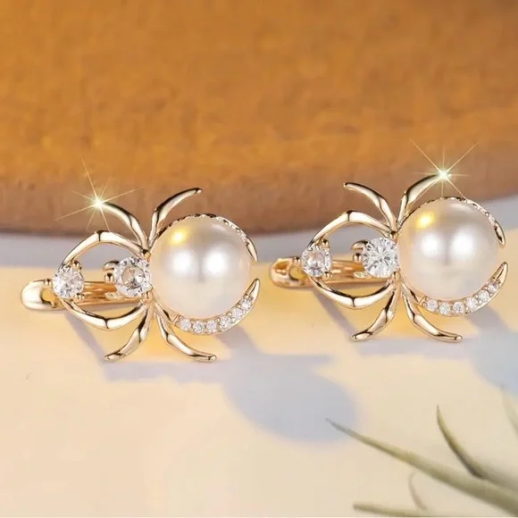 Elegant Gold and Pearl Spider Earrings - Picture 4 of 5
